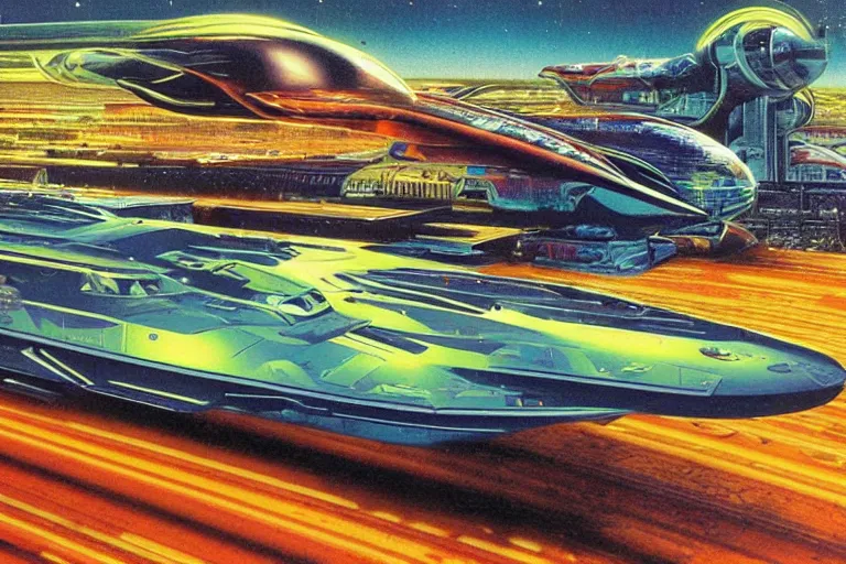 Image similar to elegant spaceship cruising between plants, fluid, smooth, bright saturated colours, high contrast, sharpness, very detailed, intricate, by angus mckie, colin hay, stewart cowley, john berkey