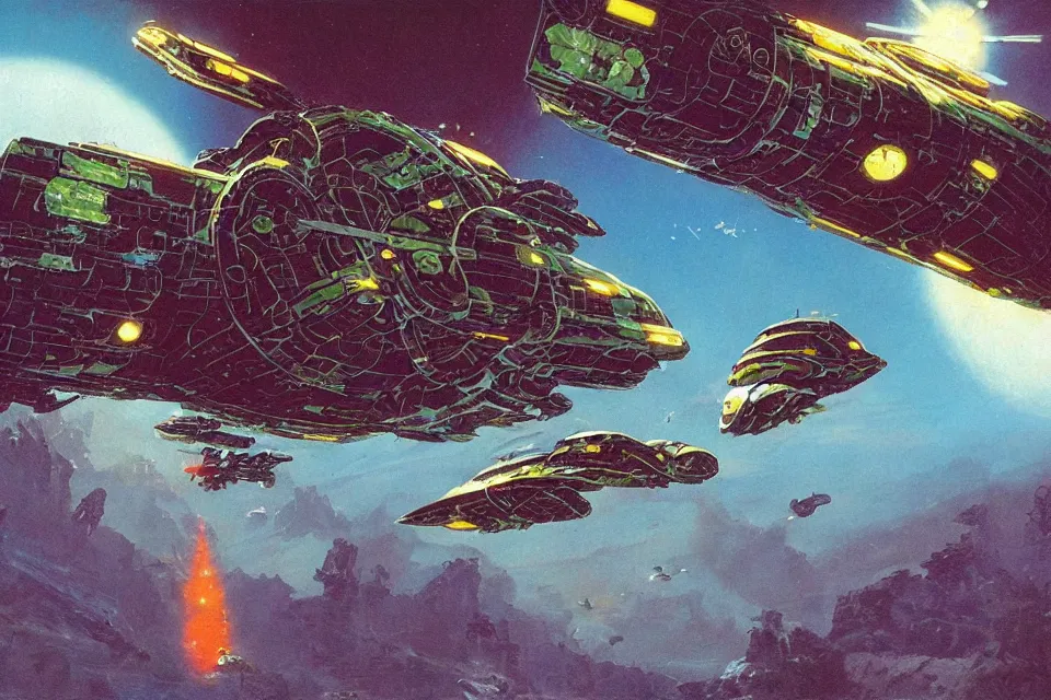 Image similar to an epic chris foss painting of a biological turtle spaceship.