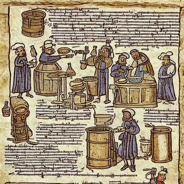 Prompt: middle age illustrated recipe for beer making ( ( ( ( a beer shoppe ) ) ) ) lot of medieval enluminures in the background explaining the recipe, schematic in a notebook