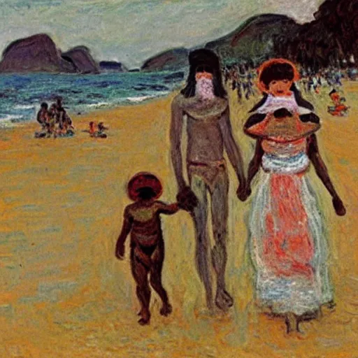 Prompt: a mummy and a werewold holding hands on ipanema beach by monet