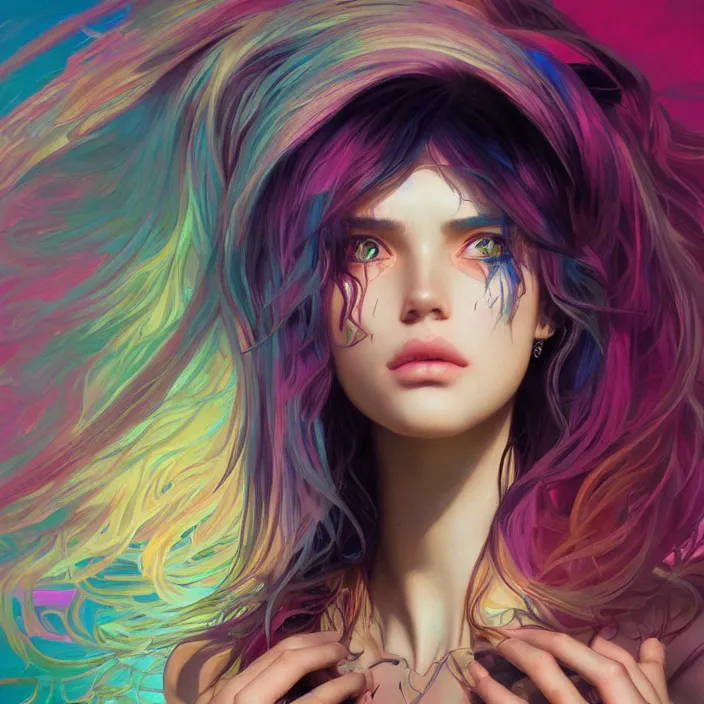 Image similar to young woman, gorgeous face, vaporwave aesthetic, synthwave, colorful, psychedelic, broken, shattered, beaten, sadness, crying, tears, artstation, concept art, smooth, extremely sharp detail, finely tuned detail, 8 k, ultra sharp focus, illustration, art by artgerm and greg rutkowski and alphonse mucha