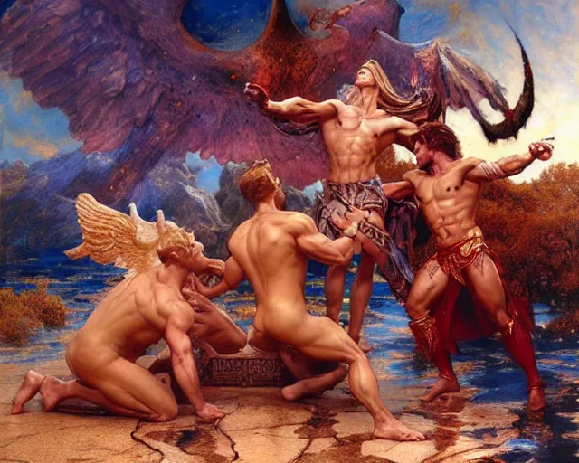 Prompt: lavish male deity, casting demonic magic, summoning ( muscular ) lucifer morning star, as they battle over the earthly realm, highly detailed painting by gaston bussiere, craig mullins, j. c. leyendecker, tom of finland