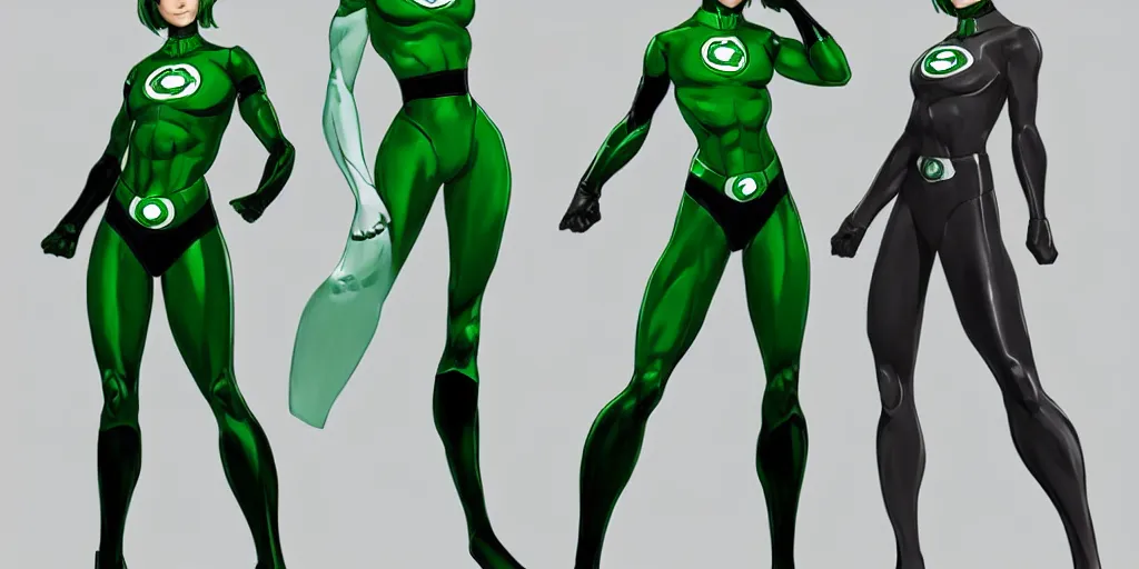 Image similar to full body exaggerated outfit, female green lantern character clean concepts by senior concept artist in the anime film, suit, powers, glowing, stronge, smooth, high detail, featured on artstation