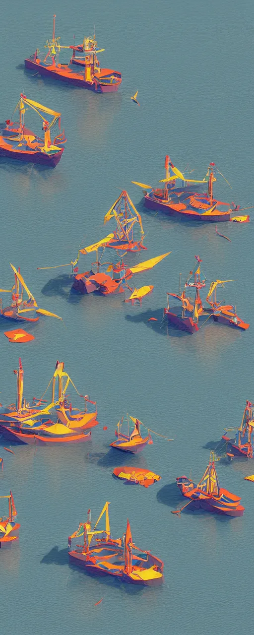 Image similar to fishing vessels in the bay, finnian macmanus lowpoly