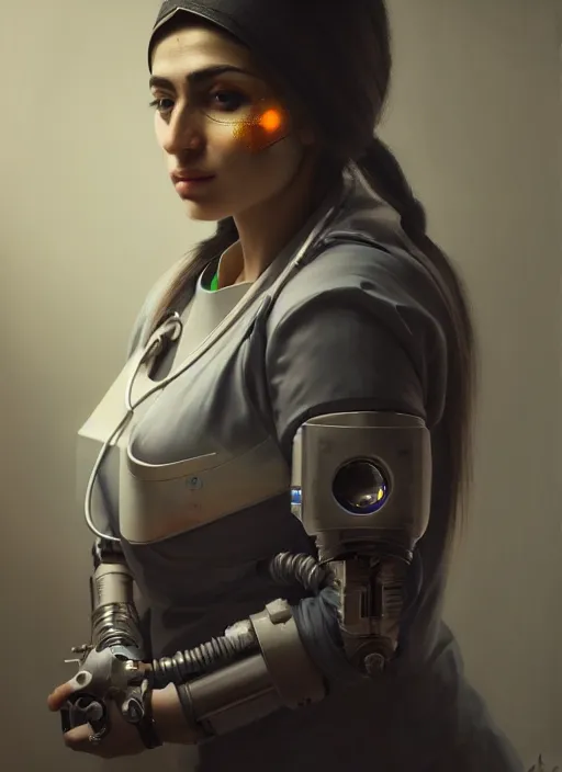 Prompt: portrait of a cyberpunk surgeon ( persian woman ) with cybernetic implants ( futuristic transhuman cyborg ), detailed realism face in painting, detailed beautiful portrait, oil painting masterpiece, cyberpunk art, 8 k resolution, smooth, sharp focus, trending on artstation, by rembrandt