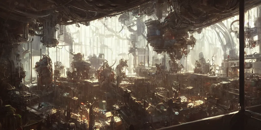 Image similar to extremely detailed portrait of a biopunk laboratory seen from within the sunny window, artstation, cinematic, by greg rutkowski, overrun by rabbits, devastated