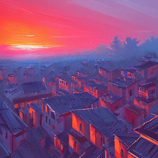 Prompt: a painting of a sunset from the rooftops by Alena Aenami and Andreas Rocha.
