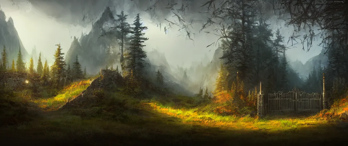 Prompt: digital painting of a small metal castle town closed off by large crude steel gate, metal border, behind a forest, large mountains in back, concept art, low angle, high detail, warm lighting, volumetric, godrays, vivid, beautiful, trending on artstation, by Jordan grimmer, no focus, huge scene, grass, no bricks