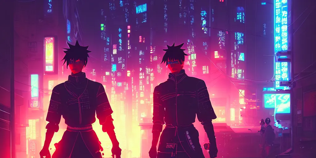 Image similar to digital illustration closeup of cyberpunk samurai in city street at night by makoto shinkai, ilya kuvshinov, lois van baarle, rossdraws, basquiat | afrofuturism, in the style of hearthstone, trending on artstation | cool color scheme