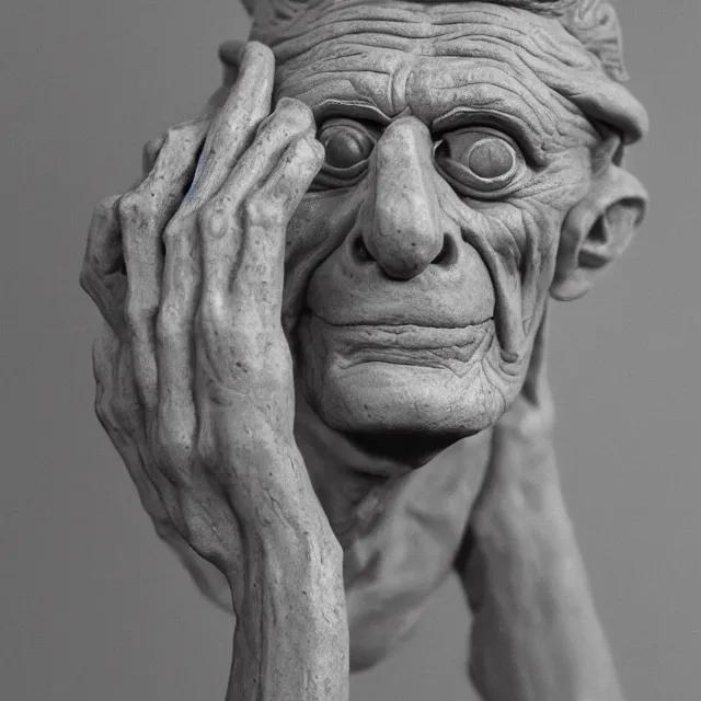 Prompt: photography of a sculpture of Samuel Beckett made of clay by Gerald Scarfe and Michelangelo, 50mm, studio atmosphere, 8K, rim light, octane render, ultra-realistic