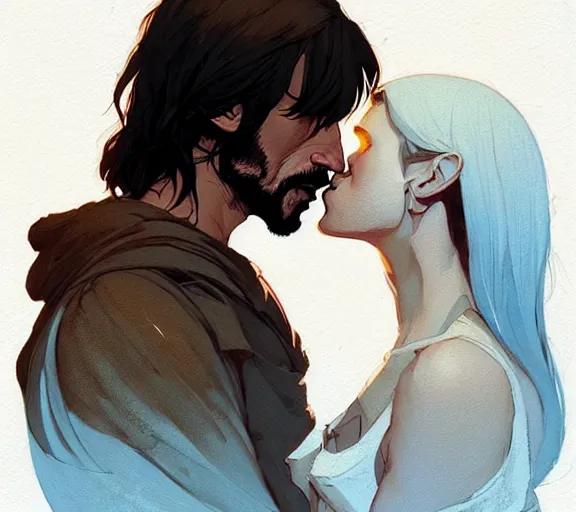 Image similar to portrait of aragorn kissing arven by atey ghailan, by greg rutkowski, by greg tocchini, by james gilleard, by joe fenton, by kaethe butcher, dynamic lighting, gradient light blue, brown, blonde cream and white color scheme, grunge aesthetic