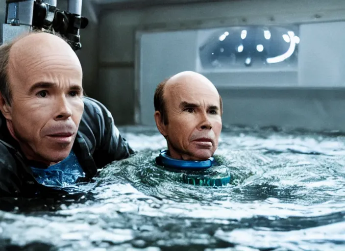 Image similar to film still of Clint Howard in water with robot as Cooper in Interstellar, 4k