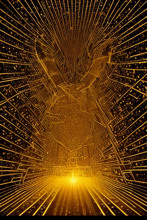 Image similar to symmetrical, black crystal eminating gold light, black background, 4 k, madness, eternal mystery, atmospheric scene, epic scene,