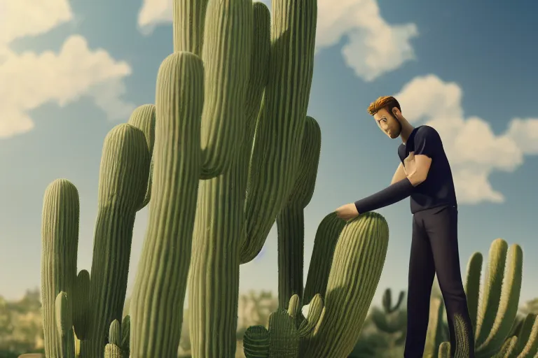 Prompt: beautiful anime of harry kane hugging a tall cactus, highly detailed, realistic, dynamic lighting, octane render, cinematic, masterpiece, trending on artstation,