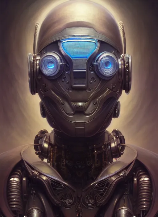 Image similar to portrait shot of a cyberpunk robot, intricate, elegant, highly detailed, centered, digital painting, artstation, concept art, smooth, sharp focus, illustration, artgerm, tomasz alen kopera, peter mohrbacher, donato giancola, joseph christian leyendecker, wlop, boris vallejo