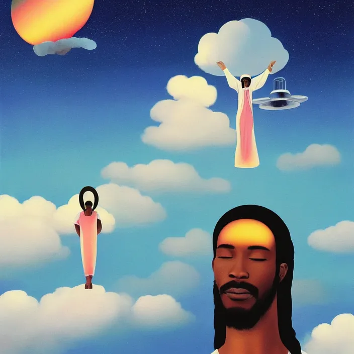 Image similar to UFO hovering over an African Jesus , clouds, colorful, painting by Hsiao-Ron Cheng,