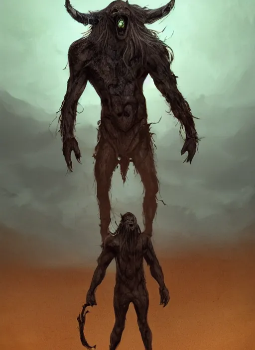 Image similar to terrific jinn demon in middle of desert with hoof on his feet with long cloth, horror, dark atmosphere, harsh lighting, cinematic lighting, scary, award wining art, artstation, high details, concept art, 4 k