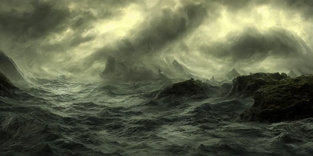 Image similar to photorealistic strange concept art of cthulhu emergin from the sea, by katrina van grouw and bruce mahalski. an epic landscape, with ominous storm clouds, a gentle rising mist. occult photorealism, uhd, amazing depth, glowing, golden ratio, 3 d octane cycle unreal engine 5, volumetric lighting, cinematic lighting, cgstation artstation concept art