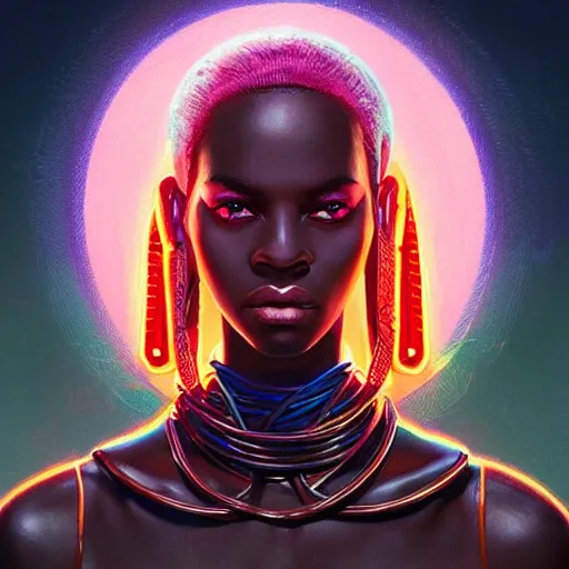 Image similar to african neon necromancer, science fiction, highly detailed, digital painting, beautiful eyes, symmetry, concept art, sharp focus, illustration, global illumination, radiant light, synthwave colors, detailed and intricate environment, art by artgerm and greg rutkowski and magali villeneuve and ilya kuvshinov!