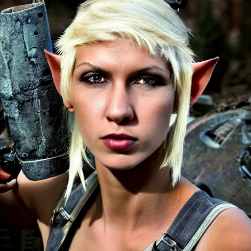 Prompt: close up headshot of a skinny female high-fantasy elf with a long face narrow chin and short spiky blonde hair wearing dark brown overalls and holding a bomb next to a destroyed car, gel spiked blond hair, small ears, narrow lips, high resolution film still, HDR color