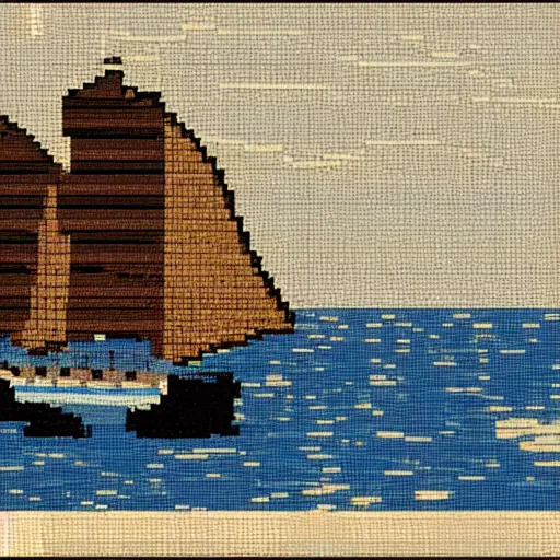 Prompt: a blue white black ferry at the sea, pixelart