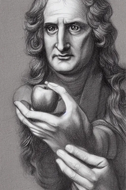 Image similar to isaac newton holding an apple, hand drawing, graphite