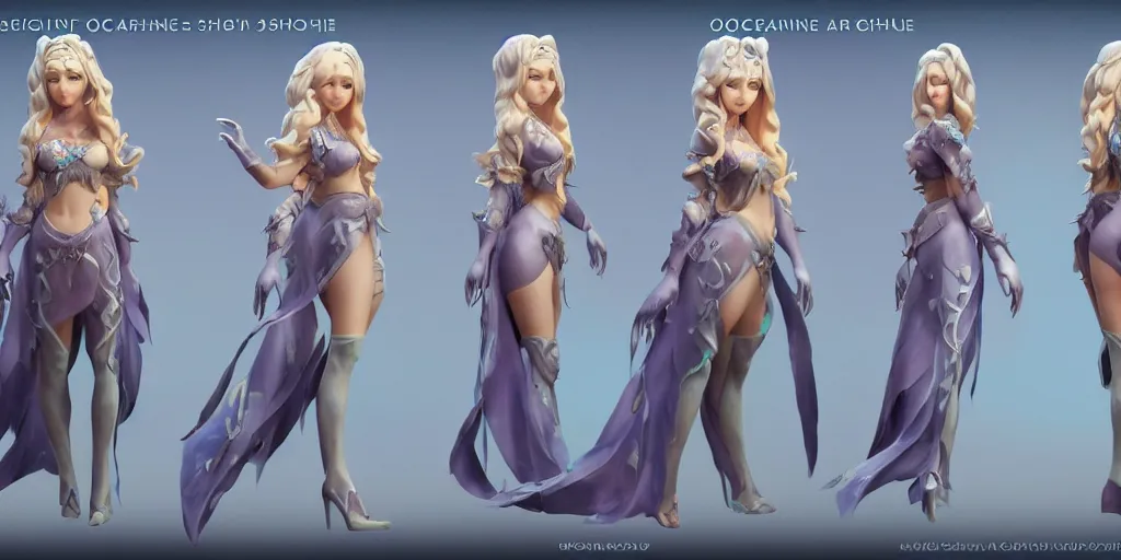 Image similar to Character sheet of gorgeous ocean song seraphine (League of Legends). 3d render, octane render, game art, realistic, highly detailed, trending on artstation, 4k, trending on artstation, pixar, cgsociety, unreal engine 5, redshift render, trending on artstation, blender, behance, cg