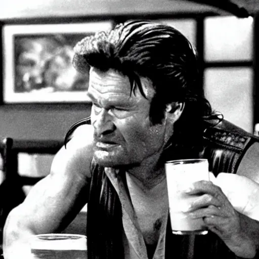 Image similar to deleted scene from Big trouble in little China, cinematic still, Jack Burton drinking beer, amazing shot