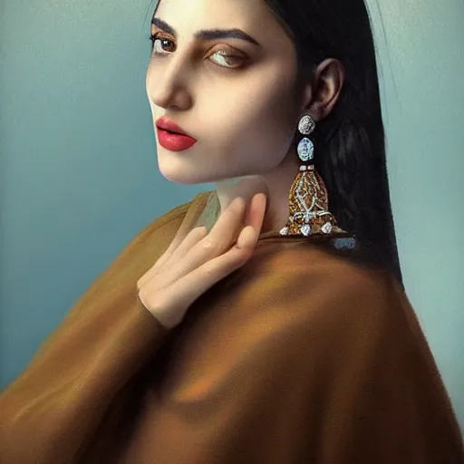 Prompt: “Beautiful portrait of Very nice turkish girl with diamond earrings, concept art, by Vermeer, digital art, black eye liner, ultra detailed , black hair , blue eyes, focus shot, miss universe, HD Photorealistic 8K Resolution”