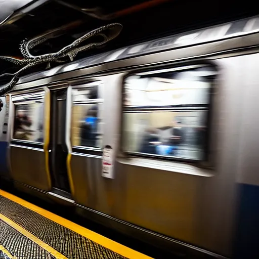 Prompt: of an octopus invading a interior of a subway train in new york, people are running away scared, shutter speed is 8 0,