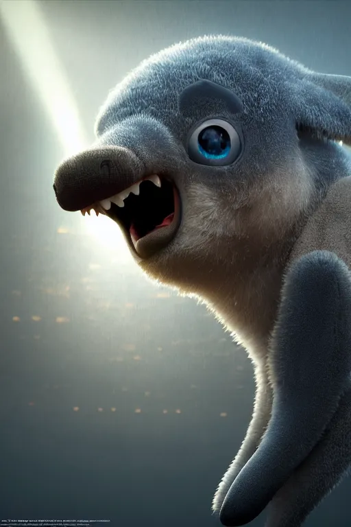 Image similar to a fuzzy dolphin tiger, pixar, dramatic lighting, cinematic, establishing shot, extremely high detail, foto realistic, cinematic lighting, post processed, concept art, high details, cinematic, 8k resolution, beautiful detailed, photorealistic, digital painting, artstation, concept art, smooth, sharp focus, artstation trending, octane render, unreal engine