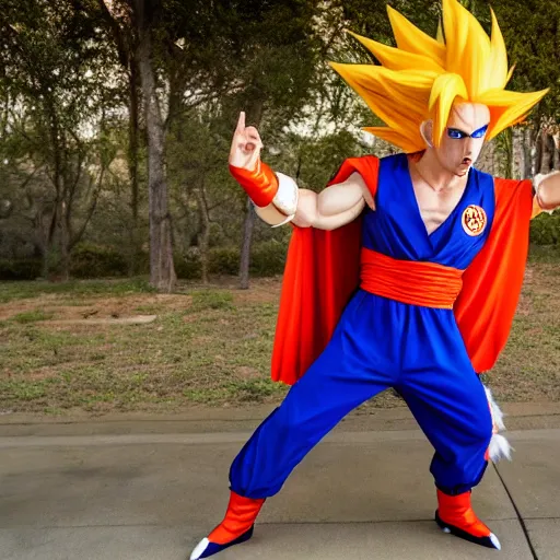 Prompt: nicholas cage wearing a goku from dragon ball z cosplay. photography. 4 k. photoshoot. full body.