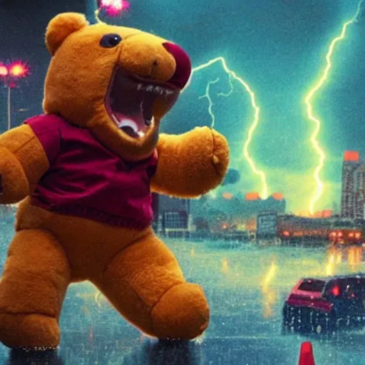 Image similar to a giant teddy ruxpin destroying a city, at night, hyperrealistic, rain and lightning