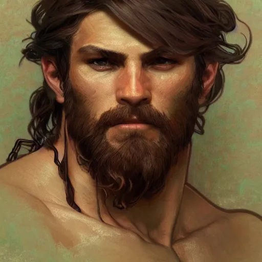 Prompt: portrait of a rugged ranger, muscular, upper body, hairy torso, D&D, fantasy, intricate, elegant, highly detailed, digital painting, artstation, concept art, smooth, sharp focus, illustration, art by alphonse mucha