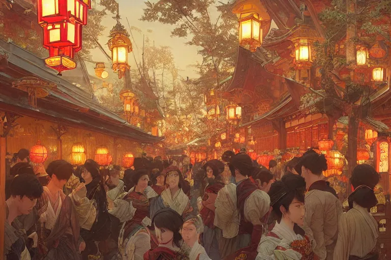 Image similar to a beautiful realistic painting of the lantern festival in old kyoto, intricate, elegant, highly detailed, digital painting, artstation, concept art, by krenz cushart and artem demura and alphonse mucha