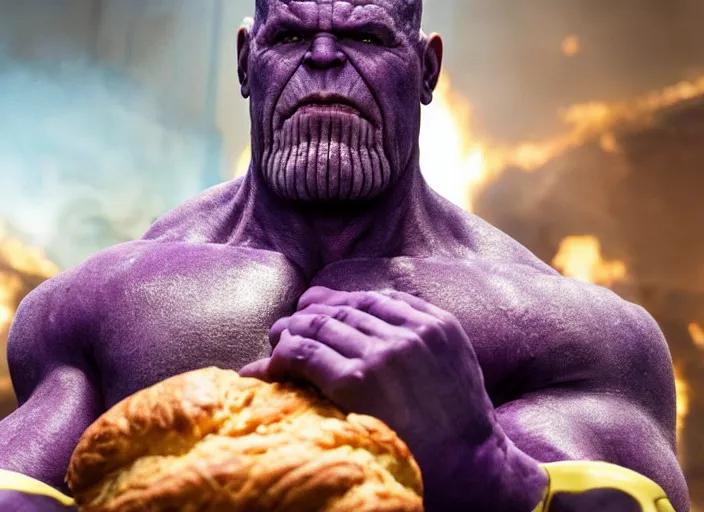 Prompt: film still of thanos working as a pastry chef in the new avengers movie, 4 k