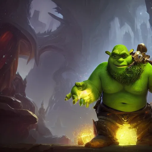 Image similar to Portrait of Shrek, League of Legends amazing splashscreen artwork, splash art,natural light, elegant, intricate, fantasy, atmospheric lighting, by Greg rutkowski, league of legends splash art, hd wallpaper, ultra high details