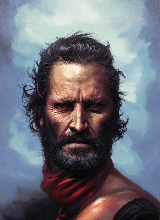 Prompt: portrait of grizzled sailor on sea of black flame, coherent! by brom, deep color, strong line, high contrast