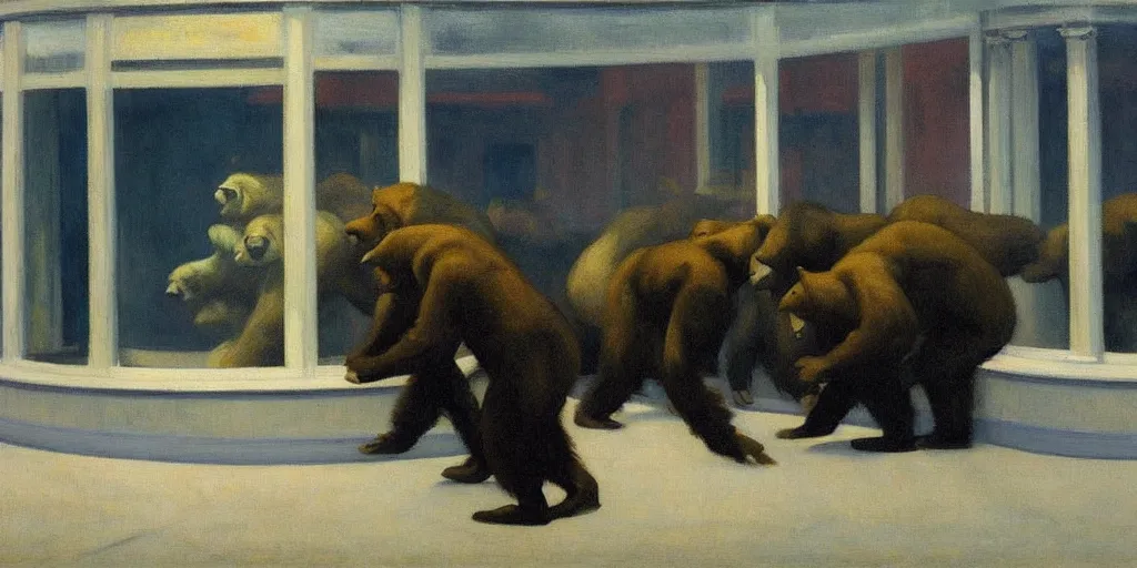 Prompt: edward hopper's painting, of a group of werebears robbing a bank, foggy