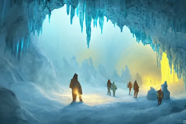 Prompt: three people exploring an open mysterious underground wintry crystalline glowing ice cave with warm lanterns, blue and ( ( ( ( yellow ) ) ) ) tones, fantasy, concept art, amazing landscape painting, romanticism, digital art, trending on artstation