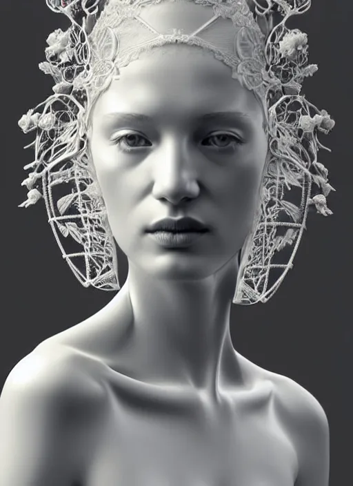 Image similar to complex 3d render ultra detailed of a beautiful porcelain profile young woman face, biomechanical cyborg, 150 mm lens, beautiful studio soft light, rim light, silver white gold details, magnolia big monochromatic lemon leaves and stems, roots, fine foliage lace, mesh wire, Alexander Mcqueen high fashion haute couture, art nouveau fashion embroidered, stteampunk, intricate details, hyper realistic, ultra detailed, mandelbrot fractal, anatomical, facial muscles, cable wires, microchip, elegant, octane render, H.R. Giger style, volumetric lighting, 8k post-production