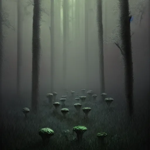 Image similar to A beautiful but eerie forest, shrouded in mist that is filled with scary glowing monsters, in the style of Keith Thompson and Zdzislaw Beksinski, Artstation HD, 8k, Surrealistic digital artwork,