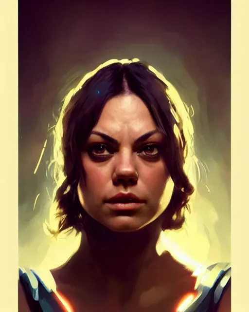 Image similar to mila kunis as a superhero. fantasy art by greg rutkowski, gustave courbet, rosa bonheur, edward hopper. faithfully depicted facial expression, perfect anatomy, sharp focus, global illumination, radiant light, detailed and intricate environment, trending on artstation