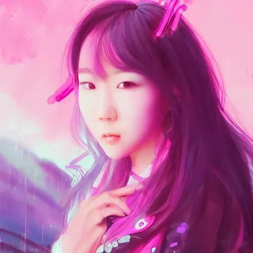 Image similar to “ a portrait of korean singer from blackpink, rainy background, pink bright art masterpiece artstation. 8 k, sharp high quality artwork in style of jose daniel cabrera pena and greg rutkowski, concept art by tooth wu, hearthstone card game artwork. ”