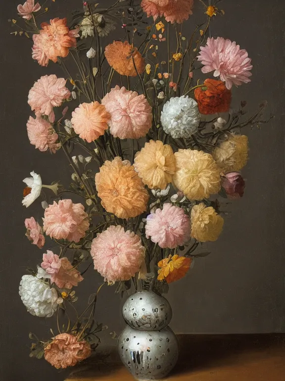 Image similar to Vase of Flowers 1722 Jan van Huysum ,getty museum jan van huysum flowers but made of little robotic structures