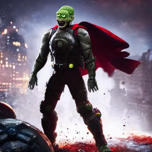 Image similar to pickle rick as superman in gears of war, splash art, movie still, detailed face, photorealistic facial features, cinematic lighting, dramatic, octane render, long lens, shallow depth of field, bokeh, anamorphic lens flare, 8 k, hyper detailed, 3 5 mm film grain