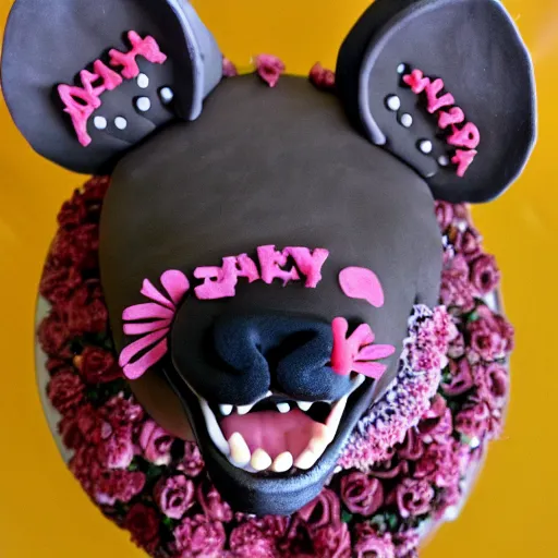 Image similar to cute hyena made of cake on top of birthday cake