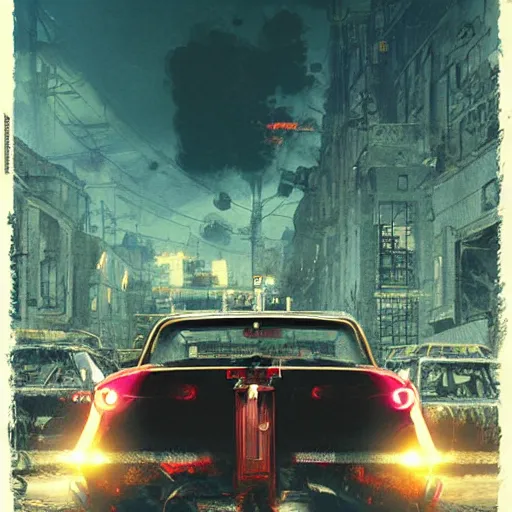 Prompt: The Last Car, game poster printed on playstation 2 video game box , Artwork by Akihiko Yoshida, cinematic composition