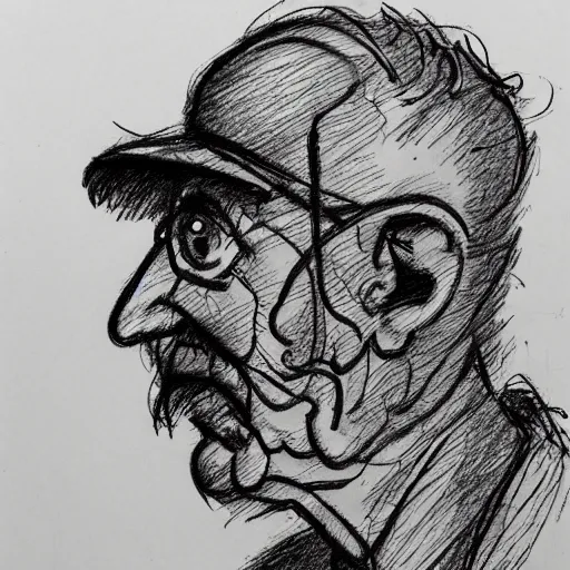 Image similar to a realistic yet scraggly portrait sketch of the side profile of a stern and sophisticated eustace bagge, trending on artstation, intricate details, in the style of frank auerbach, in the style of sergio aragones, in the style of martin ansin, in the style of david aja, in the style of mattias adolfsson