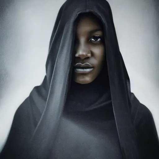 Image similar to a portrait of a young black woman wearing a long dark cloak, hood and shadows covering face, anatomically correct, beautiful perfect face, enigmatic, oil painting, matte painting, black background, Volumetric dynamic lighting, Highly Detailed, Cinematic Lighting, Unreal Engine, 8k, HD, by Beksinski